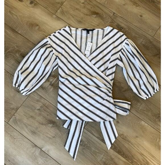 White House Black Market White Black Striped Poplin Wrap Top Blouse XXS Nwt - Picture 1 of 8